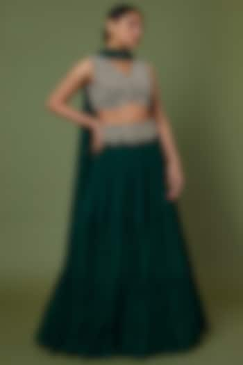 Bottle Green Chiffon Skirt Set by Mrunalini Rao at Pernia's Pop Up Shop