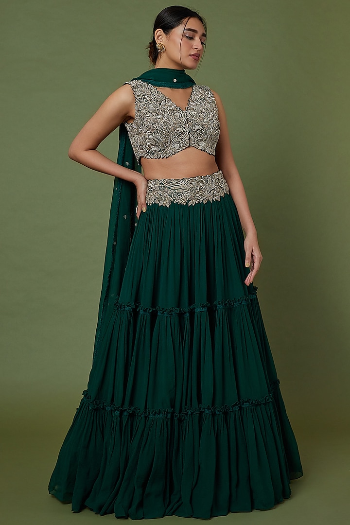 Bottle Green Chiffon Skirt Set by Mrunalini Rao at Pernia's Pop Up Shop