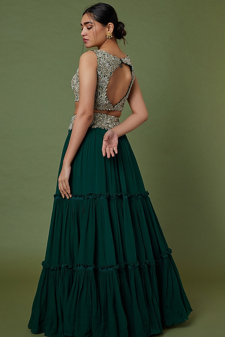 Bottle Green Chiffon Skirt Set by Mrunalini Rao at Pernia's Pop Up Shop
