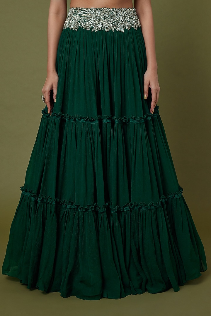 Bottle Green Chiffon Skirt Set by Mrunalini Rao at Pernia's Pop Up Shop