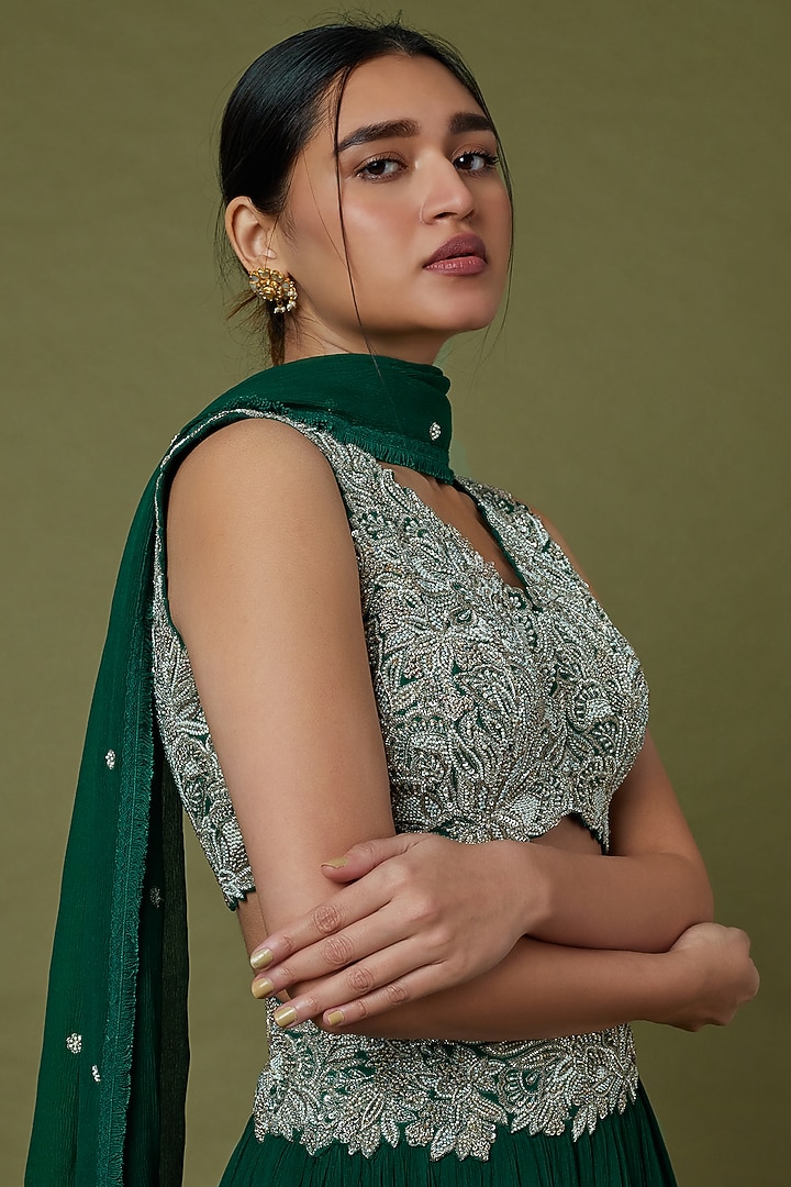 Bottle Green Chiffon Skirt Set by Mrunalini Rao at Pernia's Pop Up Shop