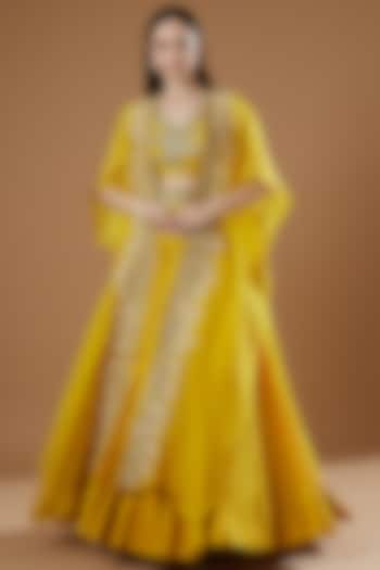 Yellow Raw Sik & Organza Zardosi Embroidered Cape Set by Mrunalini Rao