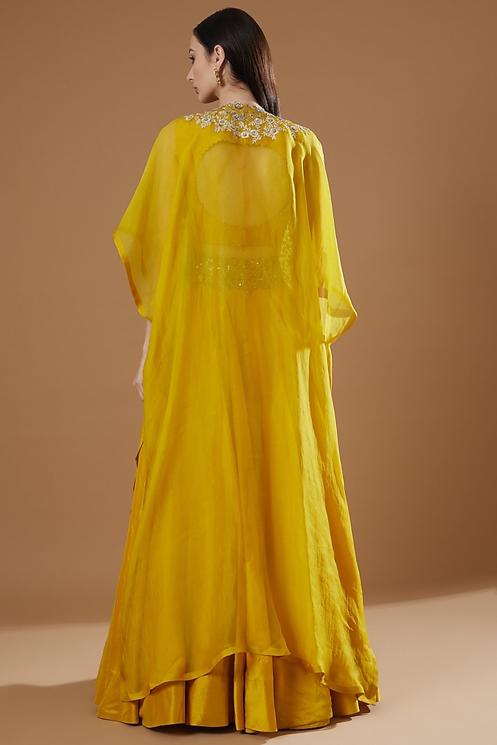 Yellow Raw Sik & Organza Zardosi Embroidered Cape Set by Mrunalini Rao at Pernia's Pop Up Shop