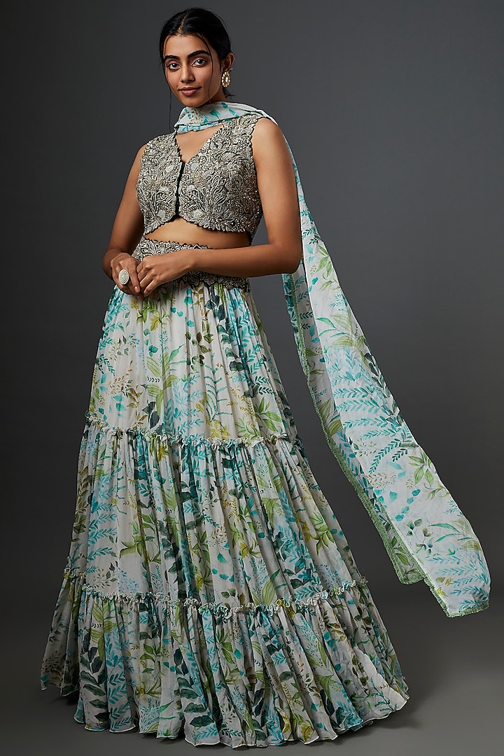 Cyan Blue Printed Tiered Skirt Set by Mrunalini Rao