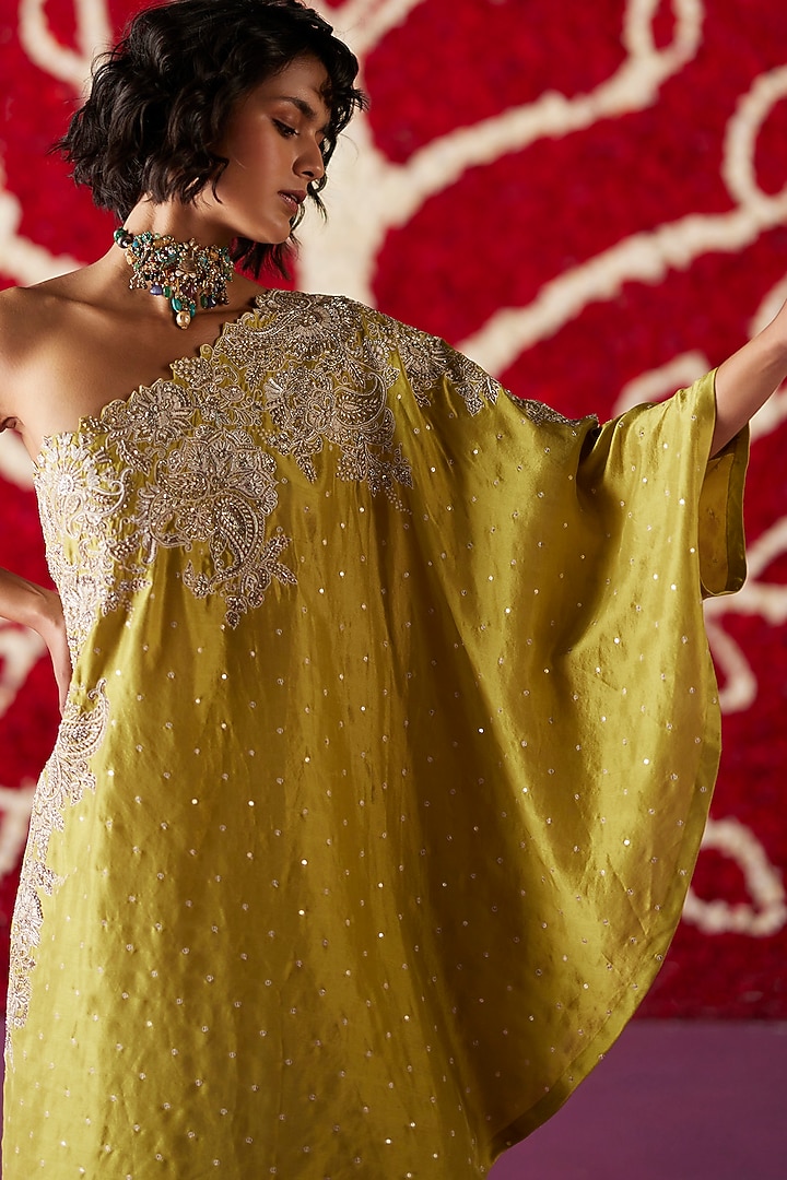 Lime Green Pure Silk Hand Embroidered One-Shoulder Kaftan Set by Mrunalini Rao at Pernia's Pop Up Shop
