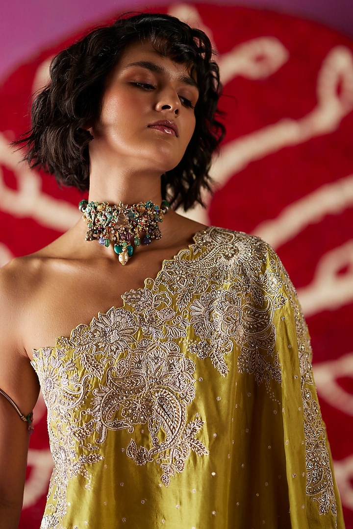 Lime Green Pure Silk Hand Embroidered One-Shoulder Kaftan Set by Mrunalini Rao at Pernia's Pop Up Shop