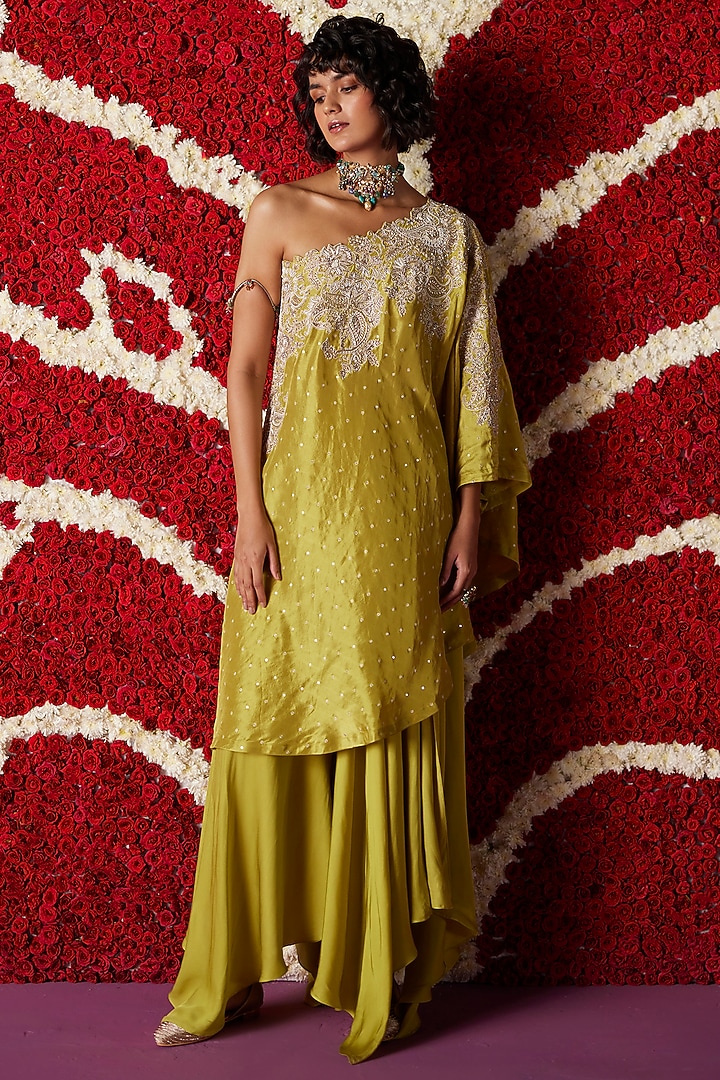 Lime Green Pure Silk Hand Embroidered One-Shoulder Kaftan Set by Mrunalini Rao at Pernia's Pop Up Shop