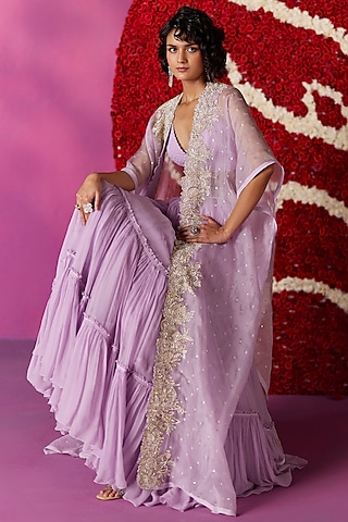 Lilac Chiffon & Organza Hand Embroidered Jacket Lehenga Set by Mrunalini Rao