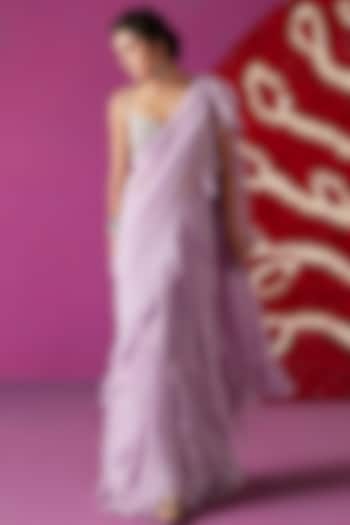 Lilac Chiffon Ruffled Saree Set by Mrunalini Rao