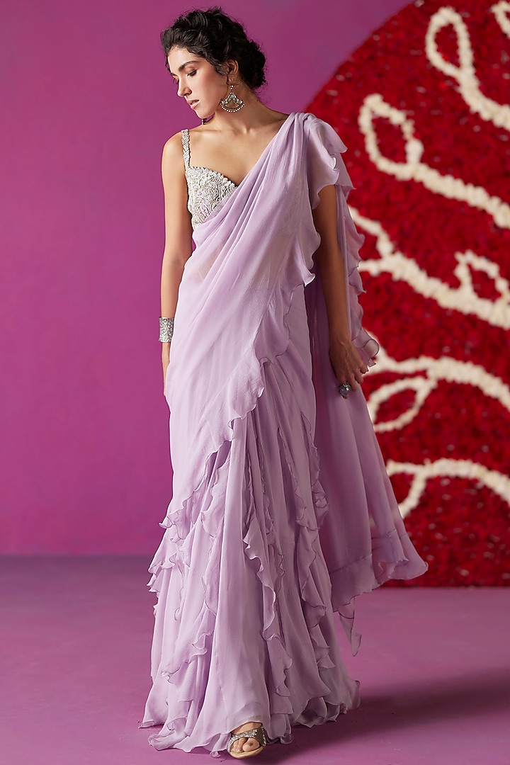 Lilac Chiffon Ruffled Saree Set by Mrunalini Rao