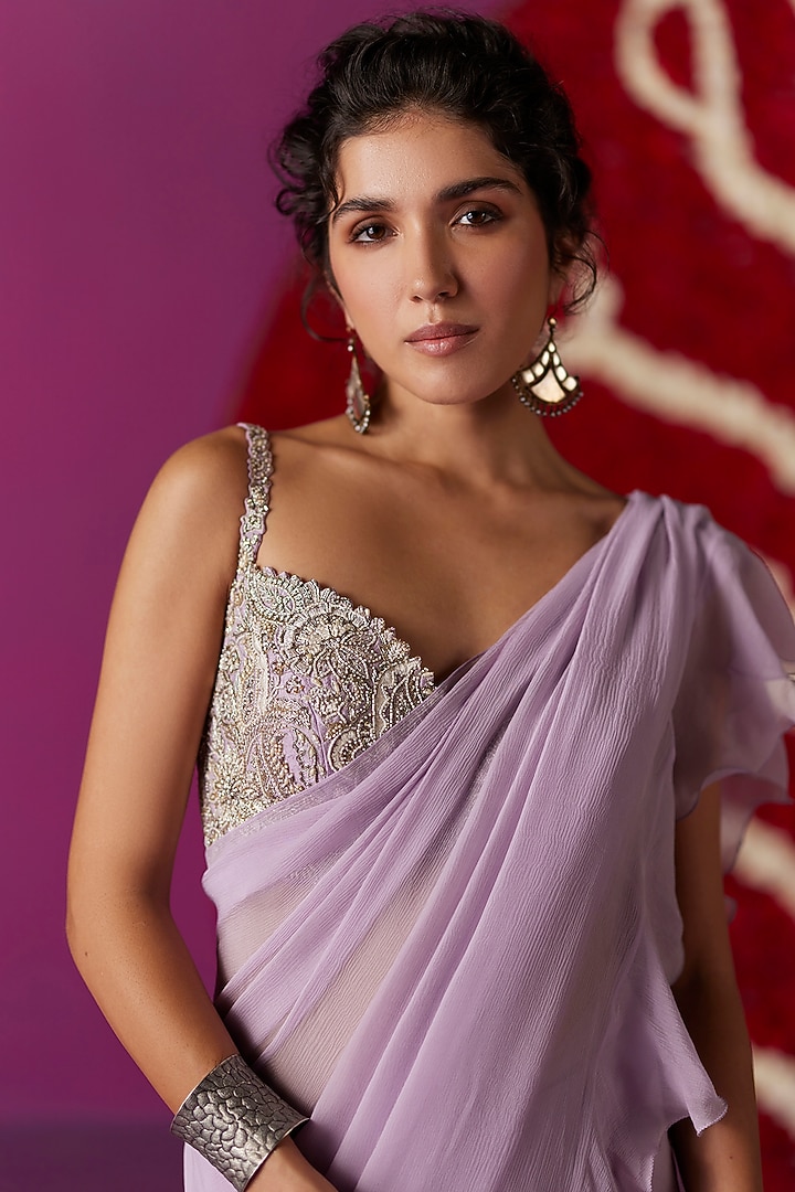 Lilac Chiffon Ruffled Reception Saree Set by Mrunalini Rao at Pernia's Pop Up Shop