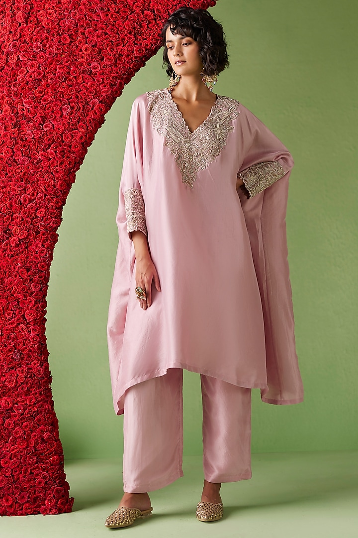 Baby Pink Pure Silk Zardosi & Pearl Hand Embroidered Kurta Set by Mrunalini Rao at Pernia's Pop Up Shop