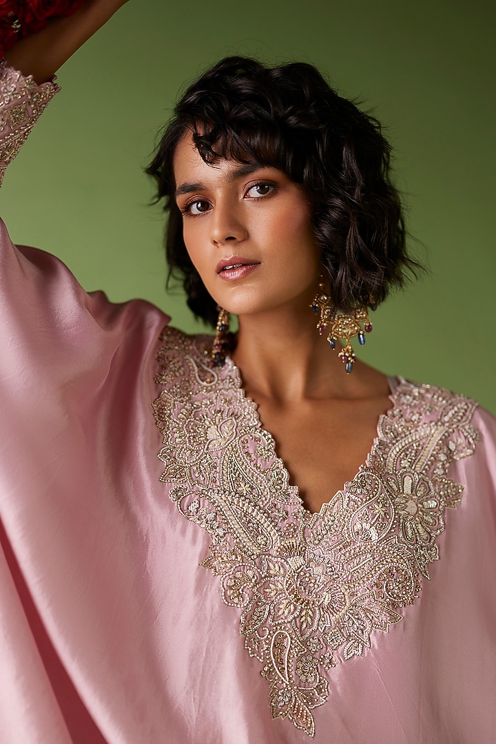 Baby Pink Pure Silk Zardosi & Pearl Hand Embroidered Kurta Set by Mrunalini Rao at Pernia's Pop Up Shop