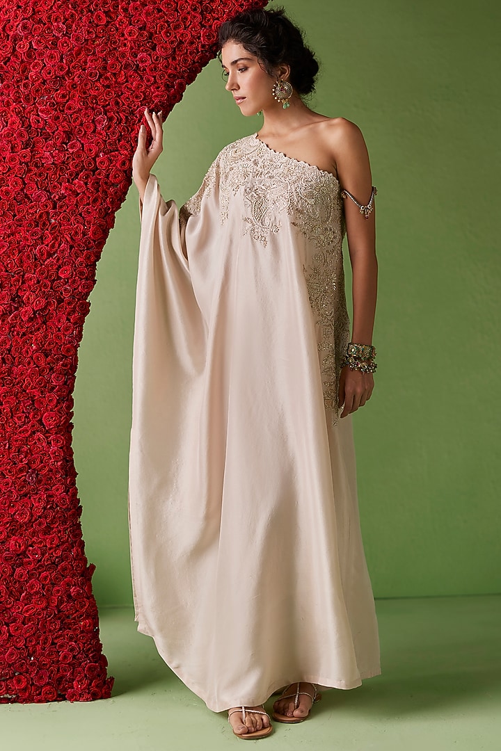 Ivory Pure Silk Hand Embroidered Kaftan by Mrunalini Rao at Pernia's Pop Up Shop