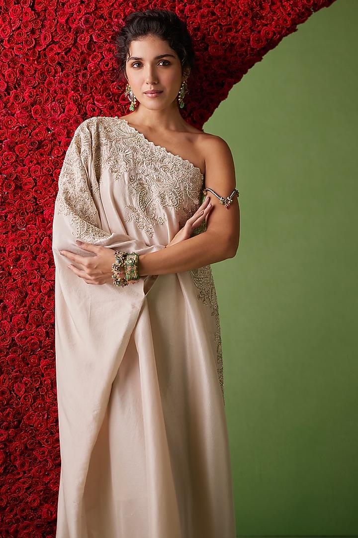 Ivory Pure Silk Hand Embroidered Kaftan by Mrunalini Rao at Pernia's Pop Up Shop