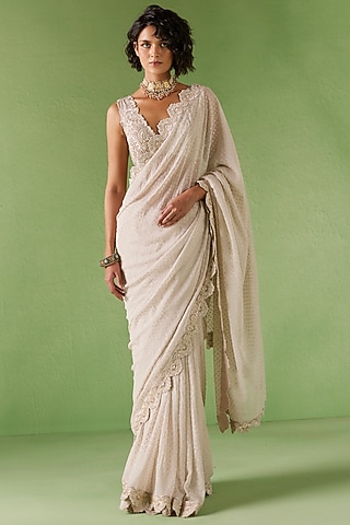 Ivory Georgette Hand Embroidered Saree Set by Mrunalini Rao