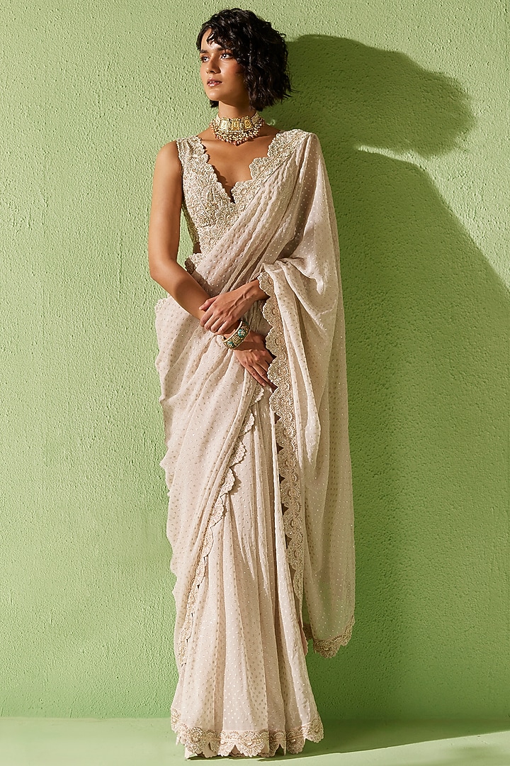 Ivory Georgette Hand Embroidered Bridal Saree Set by Mrunalini Rao at Pernia's Pop Up Shop