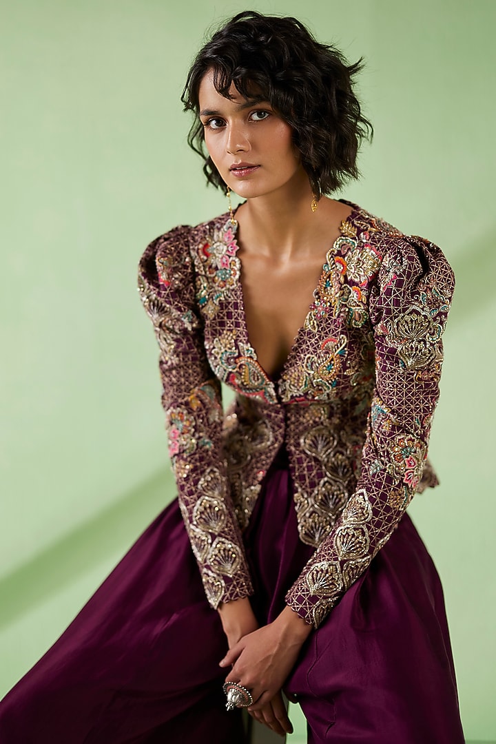 Burgundy Raw Silk Zardosi Embroidered Jacket Set by Mrunalini Rao at Pernia's Pop Up Shop