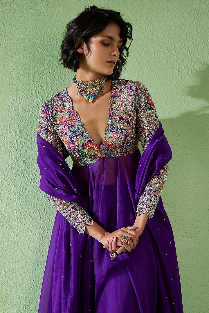 strapless open back dress Purple Anarkali Gown In Rayon With Lucknowi Chikankari Work  Westoraa