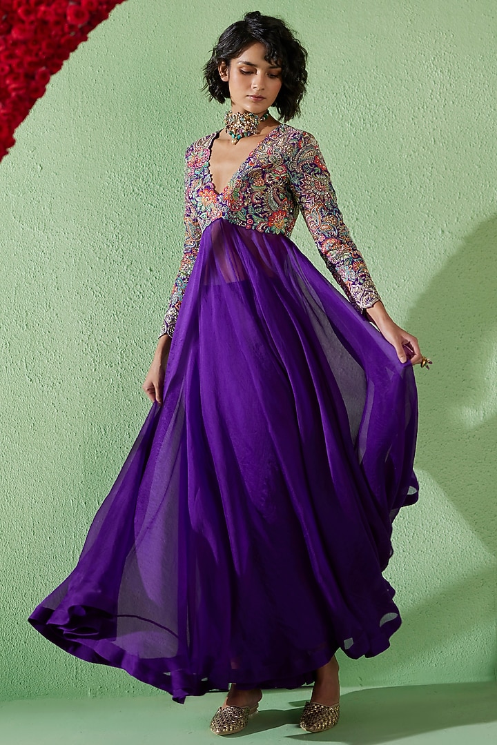 Purple Raw Silk Hand Embroidered Bridal Anarkali Set by Mrunalini Rao at Pernia's Pop Up Shop