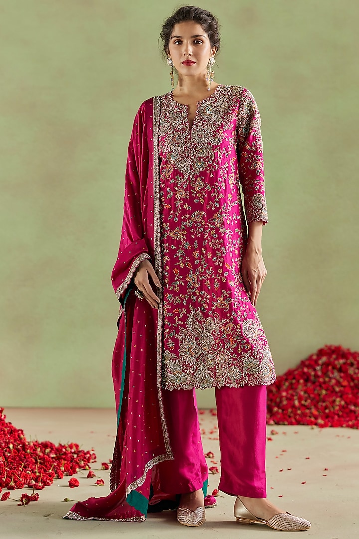 Hot Pink Pure Silk Hand Embroidered Kurta Set by Mrunalini Rao at Pernia's Pop Up Shop