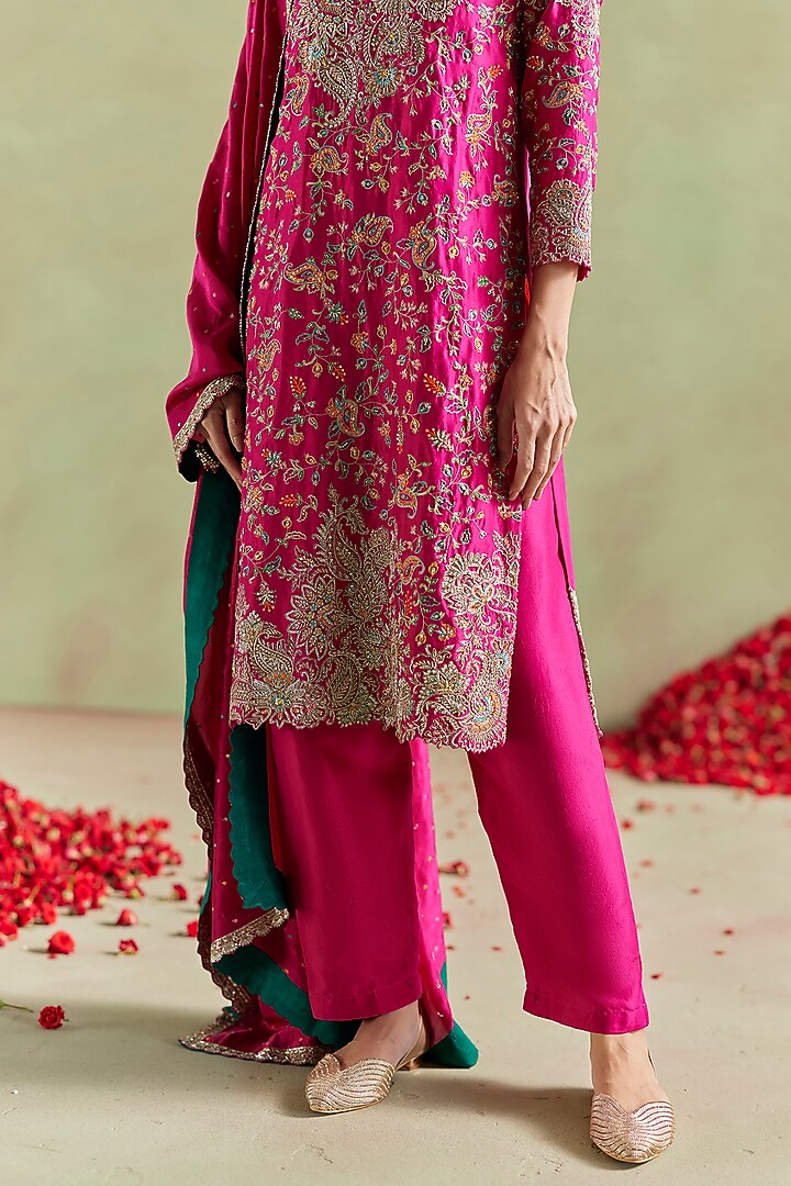 Hot Pink Pure Silk Hand Embroidered Kurta Set by Mrunalini Rao at Pernia's Pop Up Shop