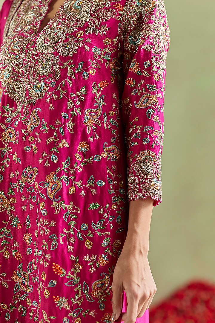 Hot Pink Pure Silk Hand Embroidered Kurta Set by Mrunalini Rao at Pernia's Pop Up Shop