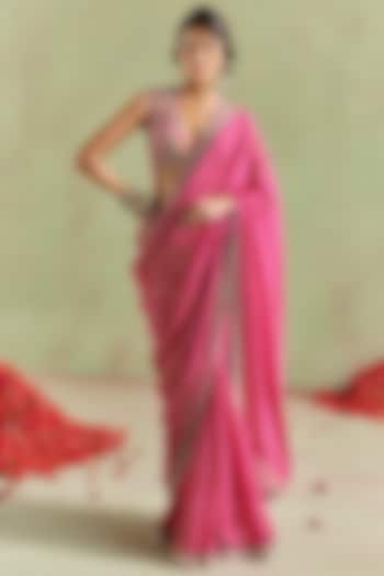 Hot Pink Georgette Bandhani Hand Embroidered Bridal Saree Set by Mrunalini Rao at Pernia's Pop Up Shop
