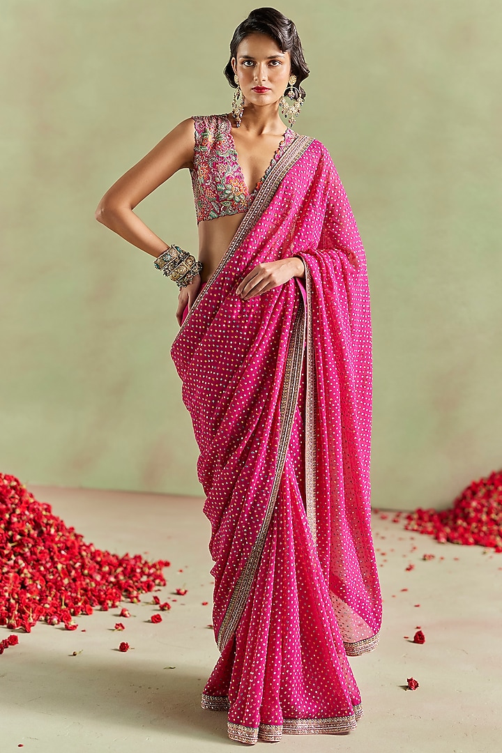 Hot Pink Georgette Bandhani Hand Embroidered Bridal Saree Set by Mrunalini Rao at Pernia's Pop Up Shop