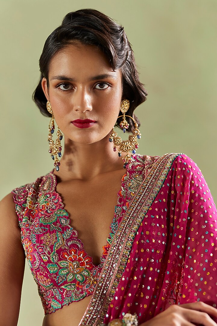 Hot Pink Georgette Bandhani Hand Embroidered Bridal Saree Set by Mrunalini Rao at Pernia's Pop Up Shop