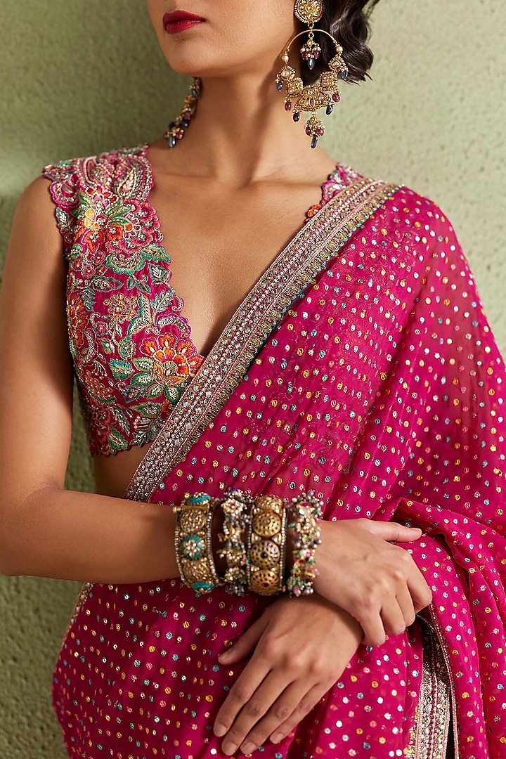 Hot Pink Georgette Bandhani Hand Embroidered Bridal Saree Set by Mrunalini Rao at Pernia's Pop Up Shop