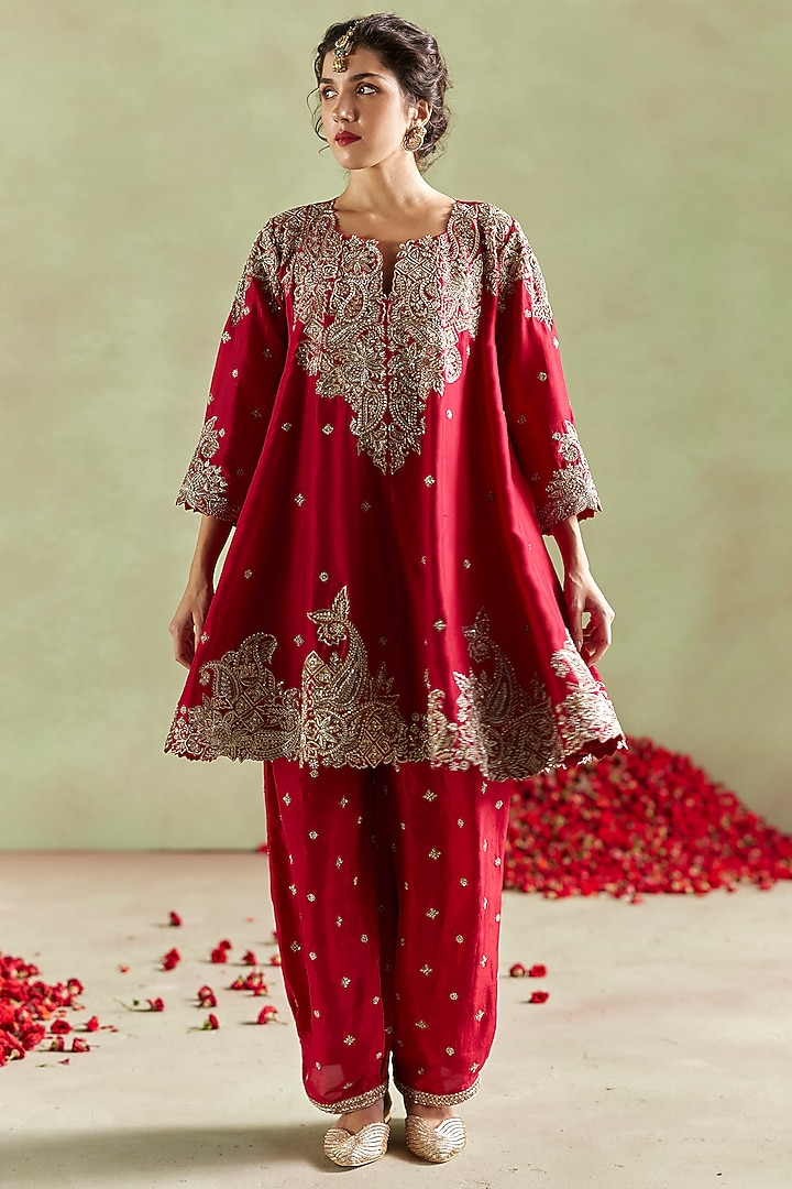 Red Pure Silk Hand Embroidered Short Bridal Anarkali Set by Mrunalini Rao at Pernia's Pop Up Shop