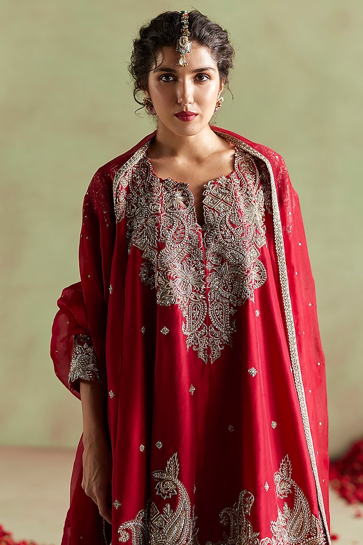 Red Pure Silk Hand Embroidered Short Bridal Anarkali Set by Mrunalini Rao at Pernia's Pop Up Shop