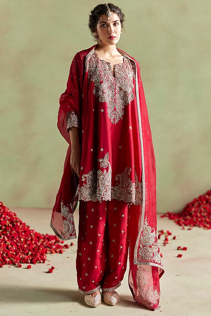Red Pure Silk Hand Embroidered Short Bridal Anarkali Set by Mrunalini Rao at Pernia's Pop Up Shop