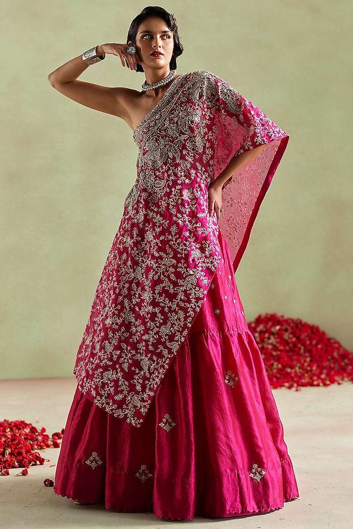 Hot Pink Kora Silk Hand Embroidered Bridal Lehenga Set by Mrunalini Rao at Pernia's Pop Up Shop