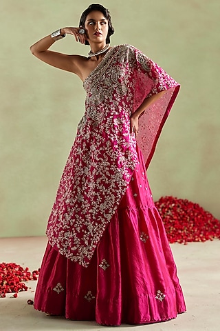 Hot Pink Kora Silk Hand Embroidered Lehenga Set by Mrunalini Rao