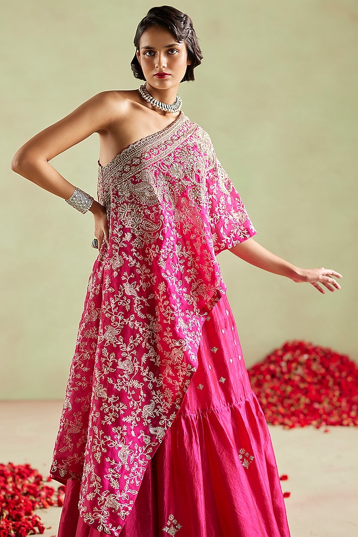 Hot Pink Kora Silk Hand Embroidered Bridal Lehenga Set by Mrunalini Rao at Pernia's Pop Up Shop