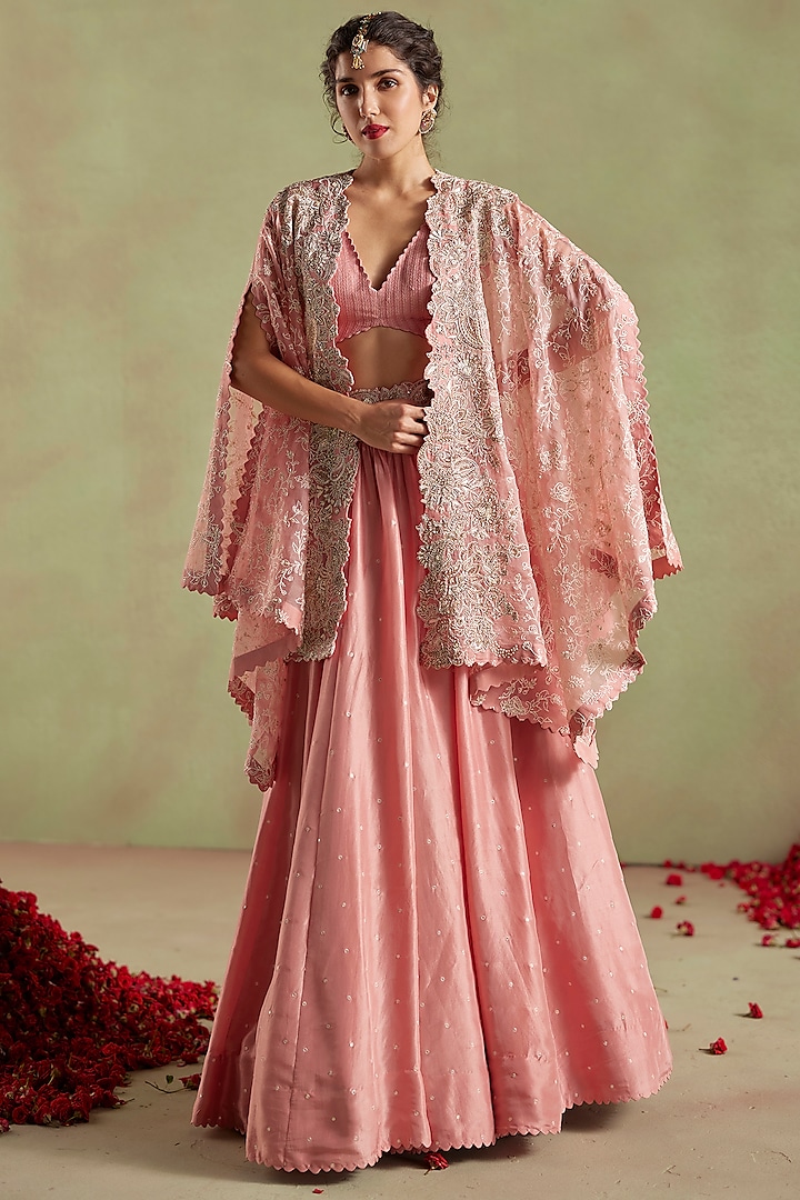 Peach Pure Silk Hand Embroidered Jacket Lehenga Set by Mrunalini Rao