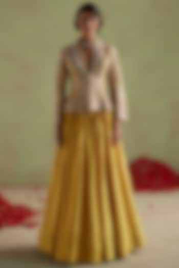 Mustard Yellow Raw Silk Hand Embroidered Jacket Set by Mrunalini Rao at Pernia's Pop Up Shop