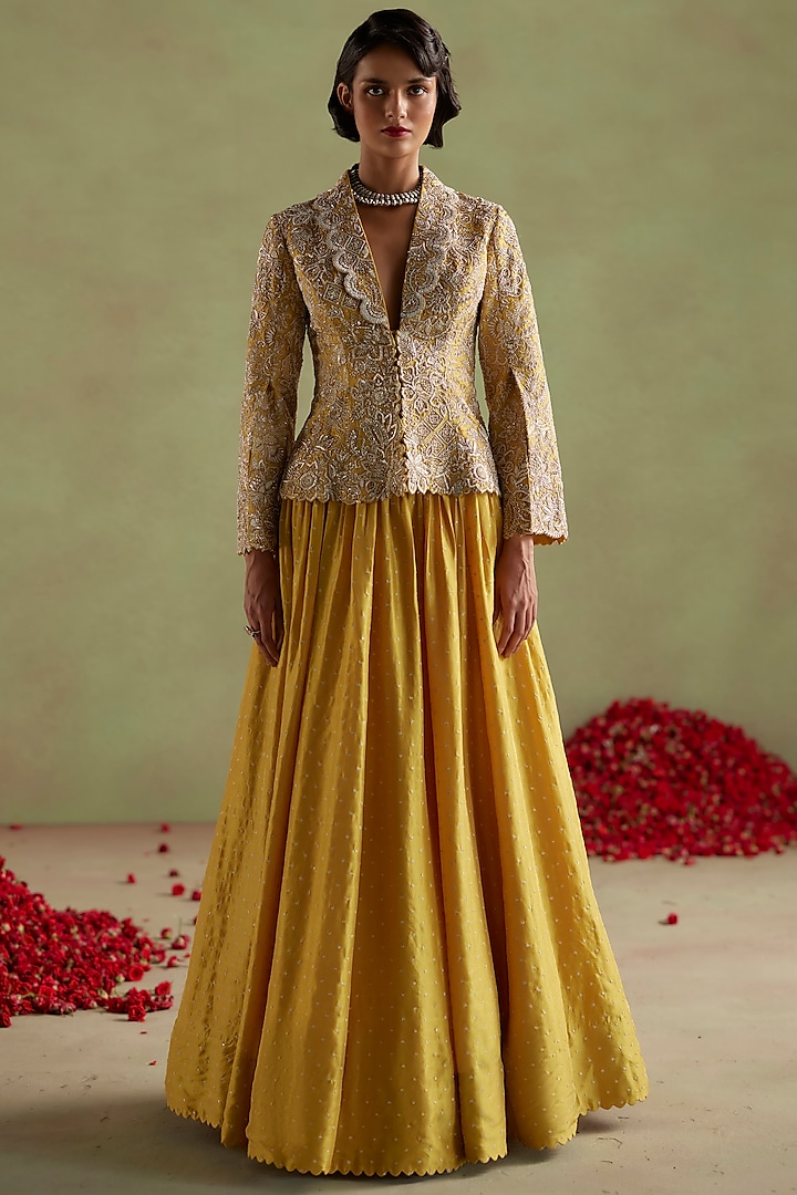 Mustard Yellow Raw Silk Hand Embroidered Jacket Set by Mrunalini Rao at Pernia's Pop Up Shop