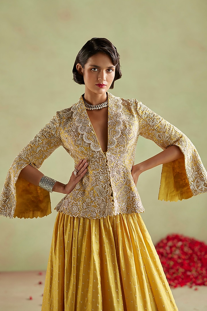 Mustard Yellow Raw Silk Hand Embroidered Jacket Set by Mrunalini Rao at Pernia's Pop Up Shop