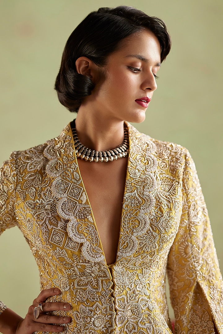 Mustard Yellow Raw Silk Hand Embroidered Jacket Set by Mrunalini Rao at Pernia's Pop Up Shop