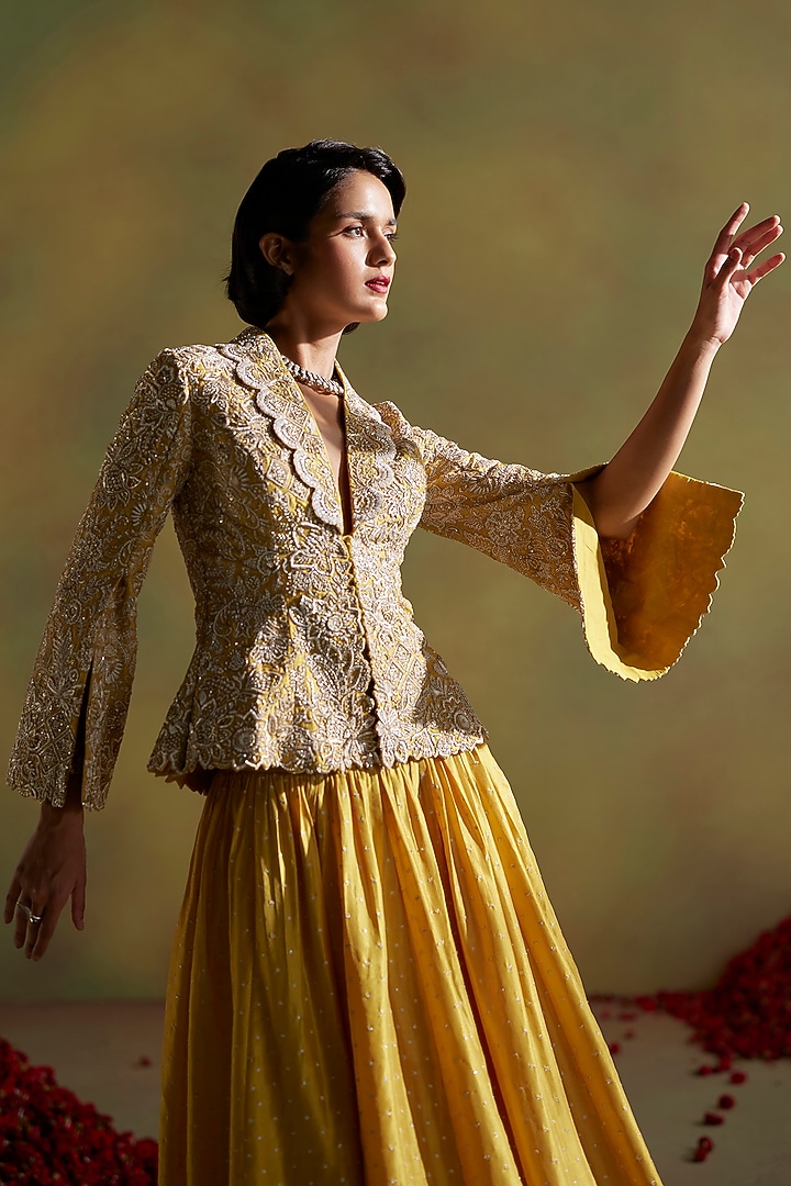 Mustard Yellow Raw Silk Hand Embroidered Jacket Set by Mrunalini Rao at Pernia's Pop Up Shop