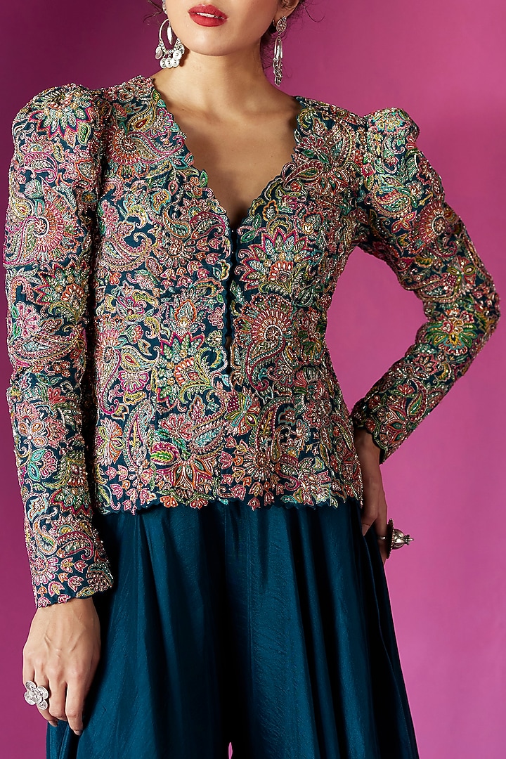 Teal Blue Raw Silk Hand Embroidered Jacket Set by Mrunalini Rao at Pernia's Pop Up Shop