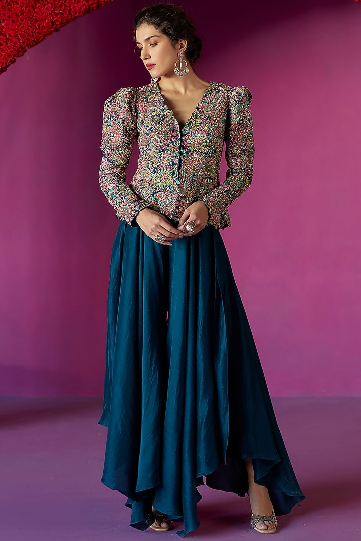 Teal Blue Raw Silk Hand Embroidered Jacket Set by Mrunalini Rao at Pernia's Pop Up Shop