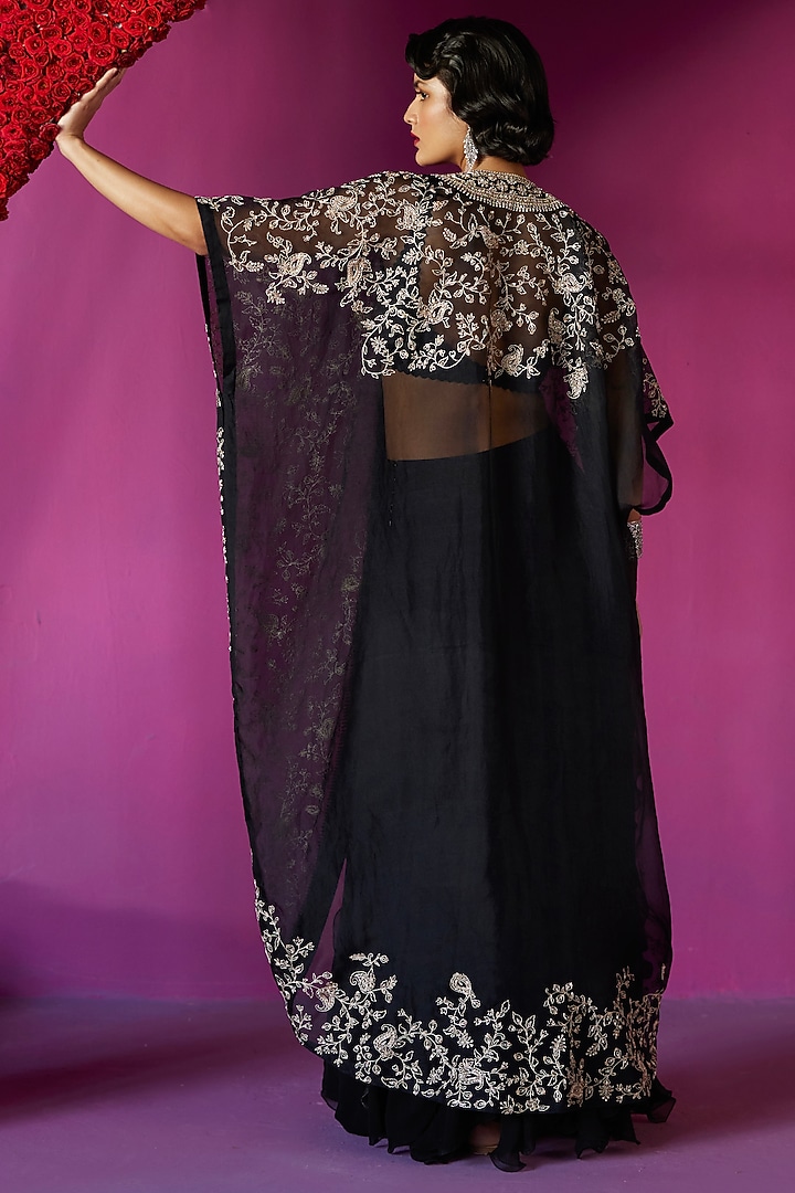 Black Organza & Raw Silk Hand Embroidered Cape Set by Mrunalini Rao at Pernia's Pop Up Shop