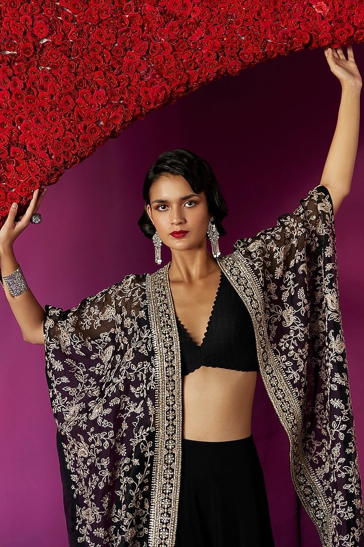 Black Organza & Raw Silk Hand Embroidered Cape Set by Mrunalini Rao at Pernia's Pop Up Shop