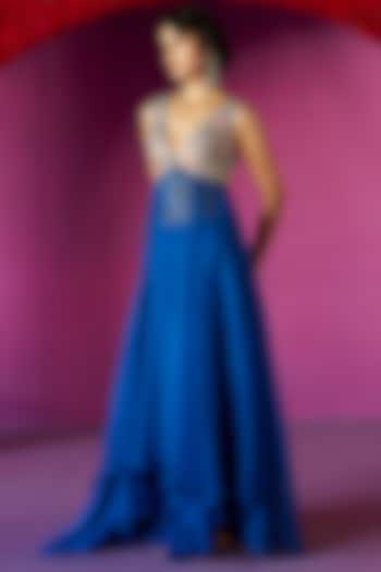 Royal Blue Raw Silk & Organza Zardosi Embroidered Bridal Anarkali Set by Mrunalini Rao at Pernia's Pop Up Shop