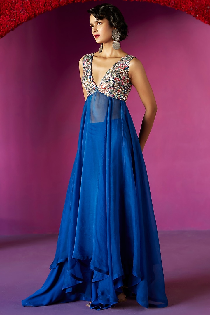 Royal Blue Raw Silk & Organza Zardosi Embroidered Bridal Anarkali Set by Mrunalini Rao at Pernia's Pop Up Shop