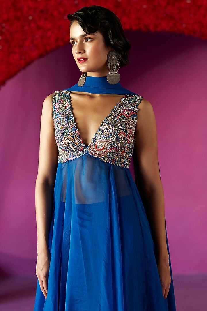 Royal Blue Raw Silk & Organza Zardosi Embroidered Bridal Anarkali Set by Mrunalini Rao at Pernia's Pop Up Shop